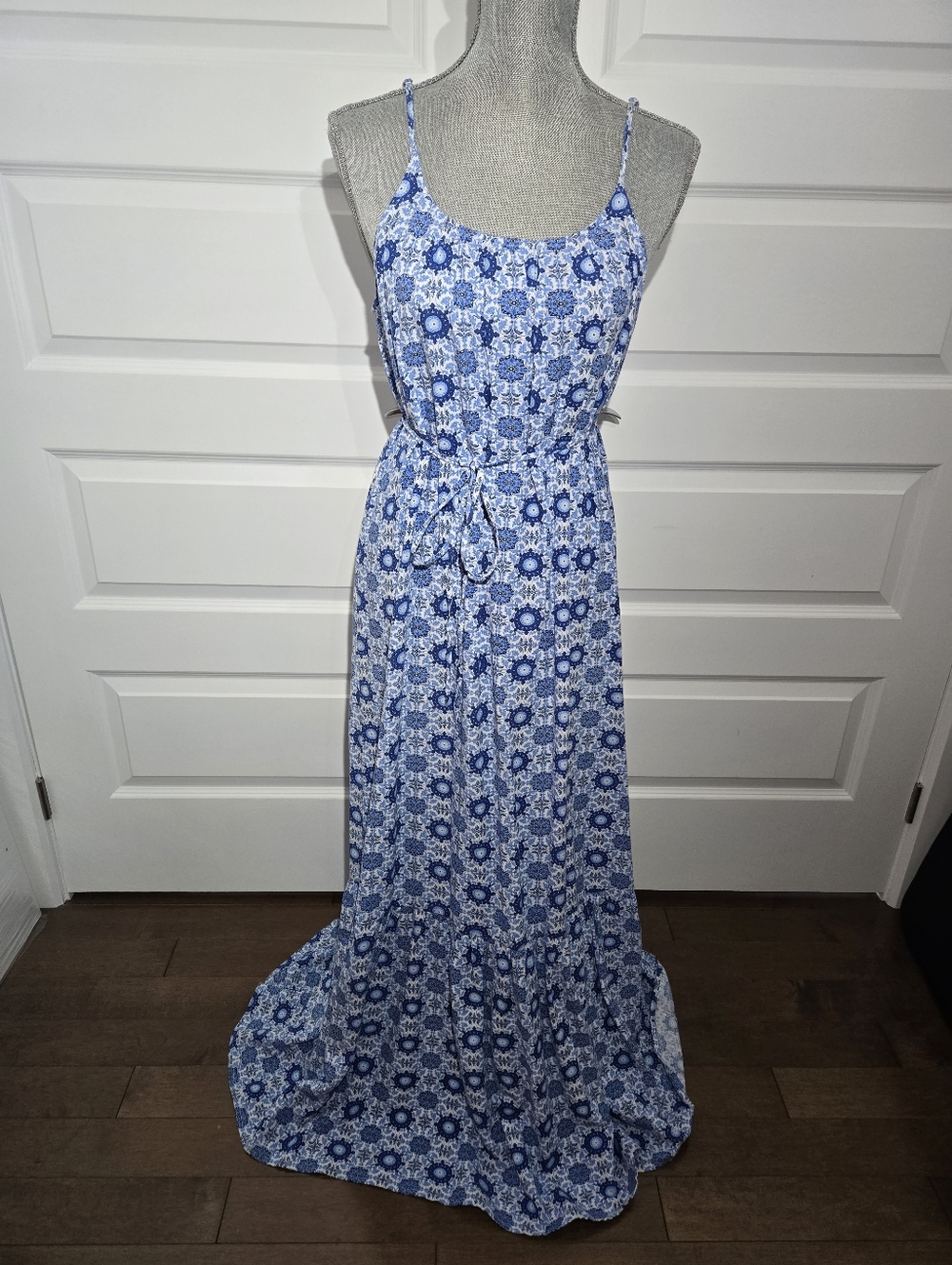 Blue Floral Maxi Dress with Adjustable Spaghetti Straps